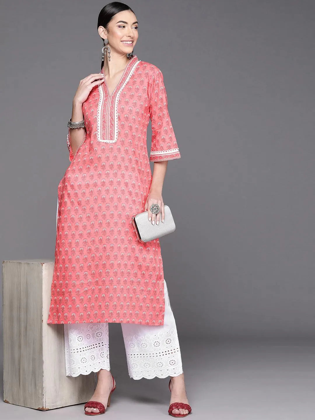 Pink Printed Cotton Kurta - Libas