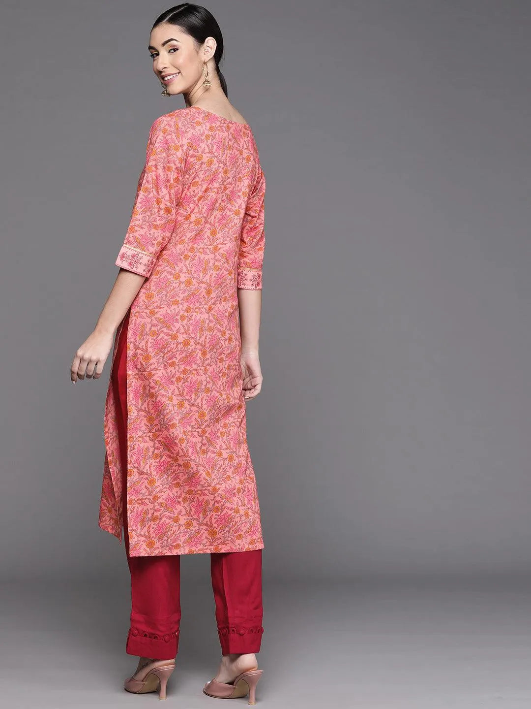 Pink Printed Cotton Kurta - Libas