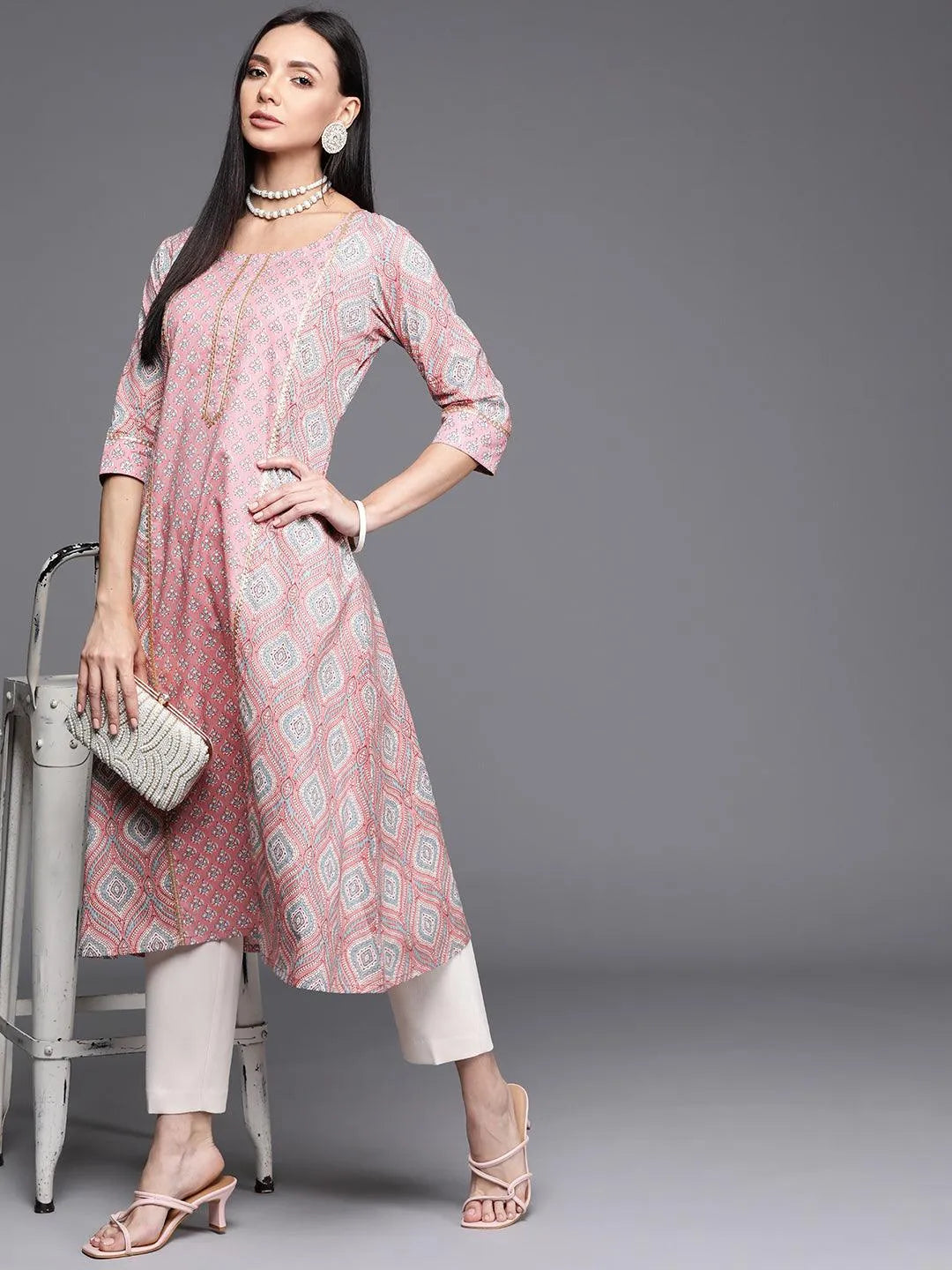 Pink Printed Cotton Kurta - Libas