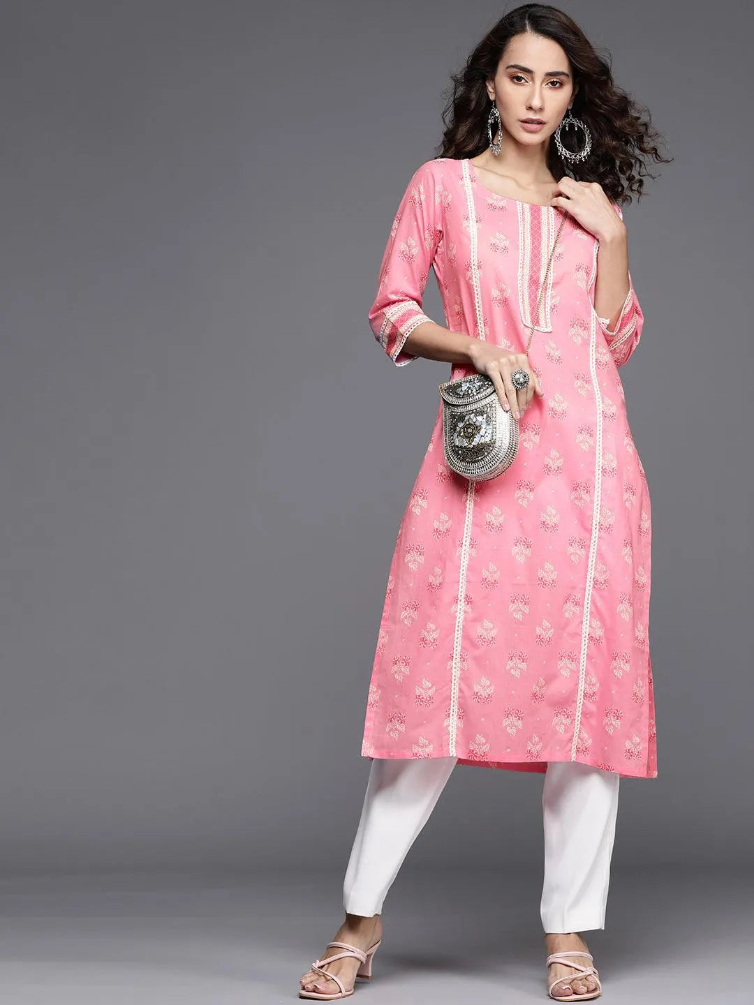 Pink Printed Cotton Kurta - Libas