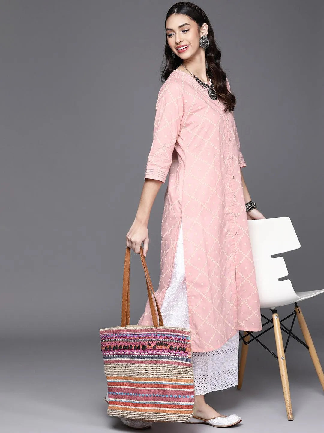 Pink Printed Cotton Kurta - Libas