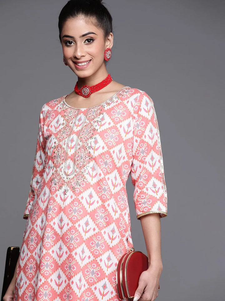 Pink Printed Cotton Kurta - Libas