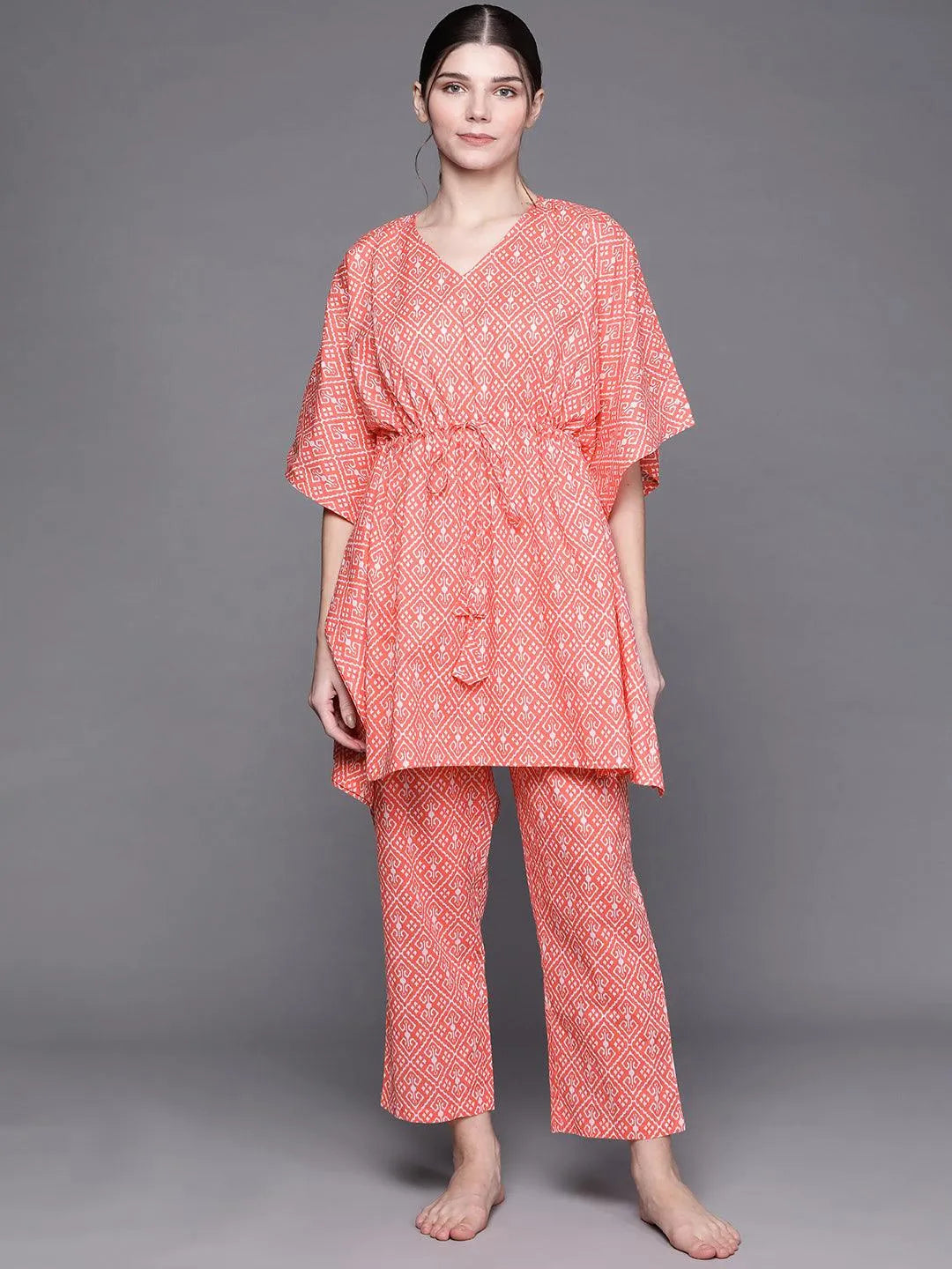 Pink Printed Cotton Night Suit - Libas 