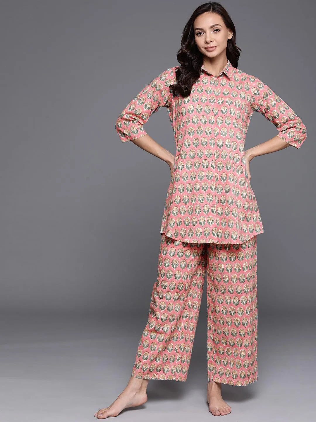 Pink Printed Cotton Night Suit - Libas