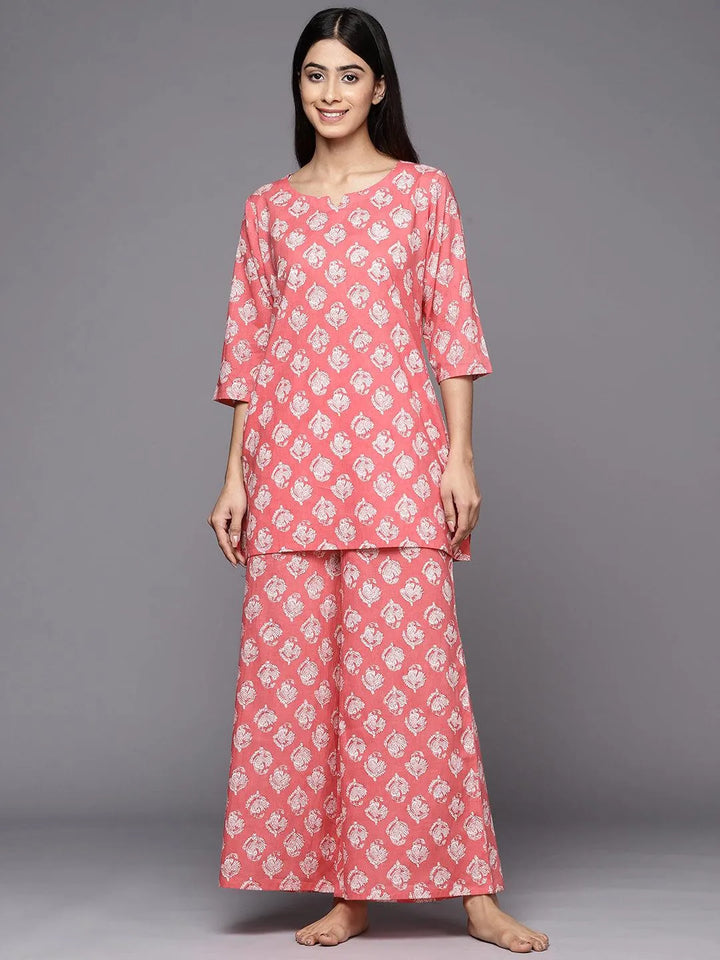 Pink Printed Cotton Night Suit - Libas