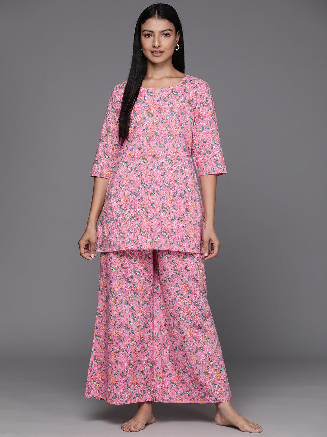 Pink Printed Cotton Night Suit - Libas