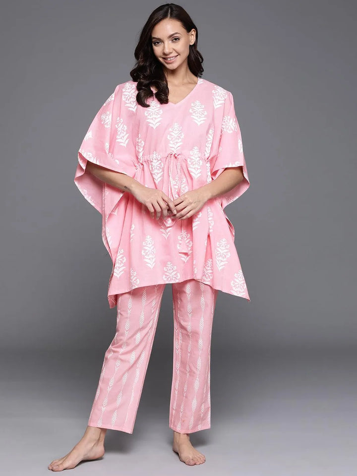 Pink Printed Cotton Night Suit - Libas