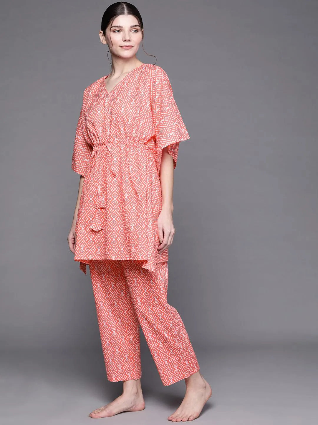 Pink Printed Cotton Night Suit - Libas 