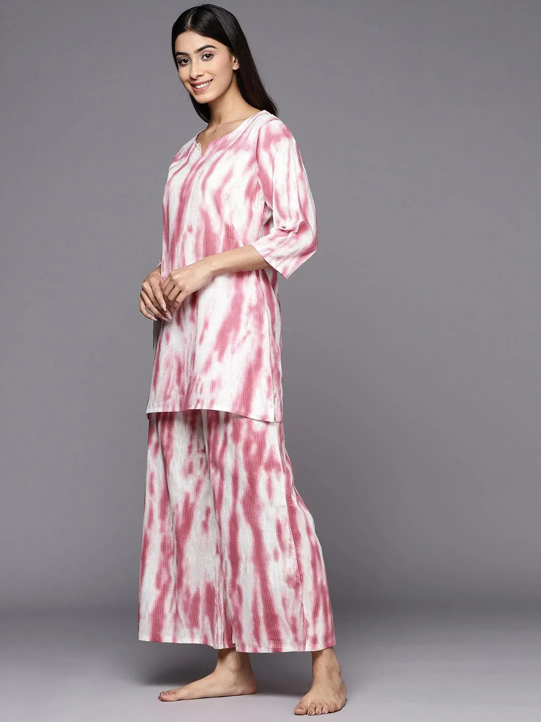 Pink Printed Cotton Night Suit - Libas 