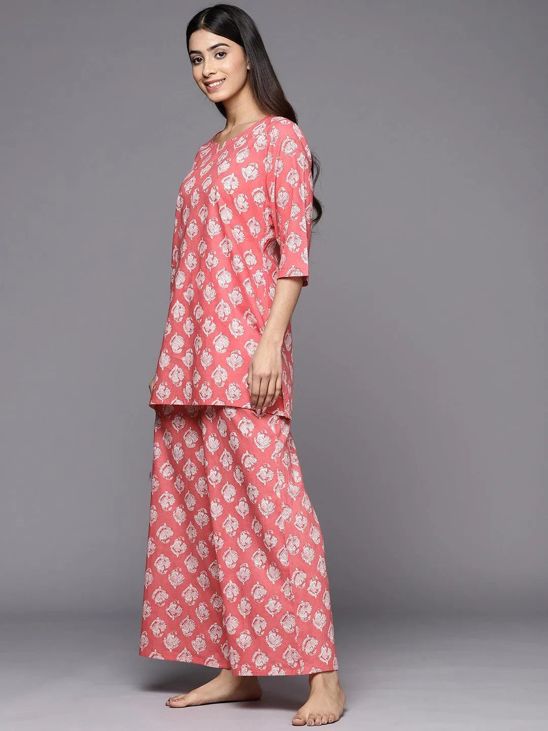 Pink Printed Cotton Night Suit - Libas 