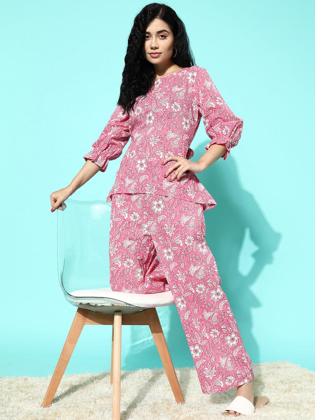 Pink Printed Cotton Night Suit - Libas