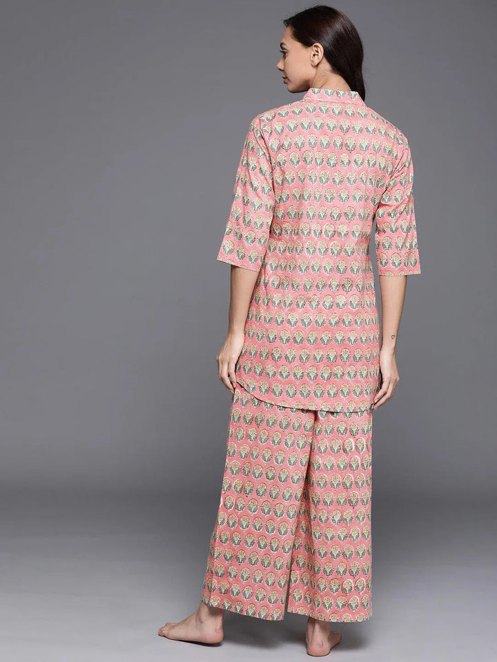 Pink Printed Cotton Night Suit - Libas