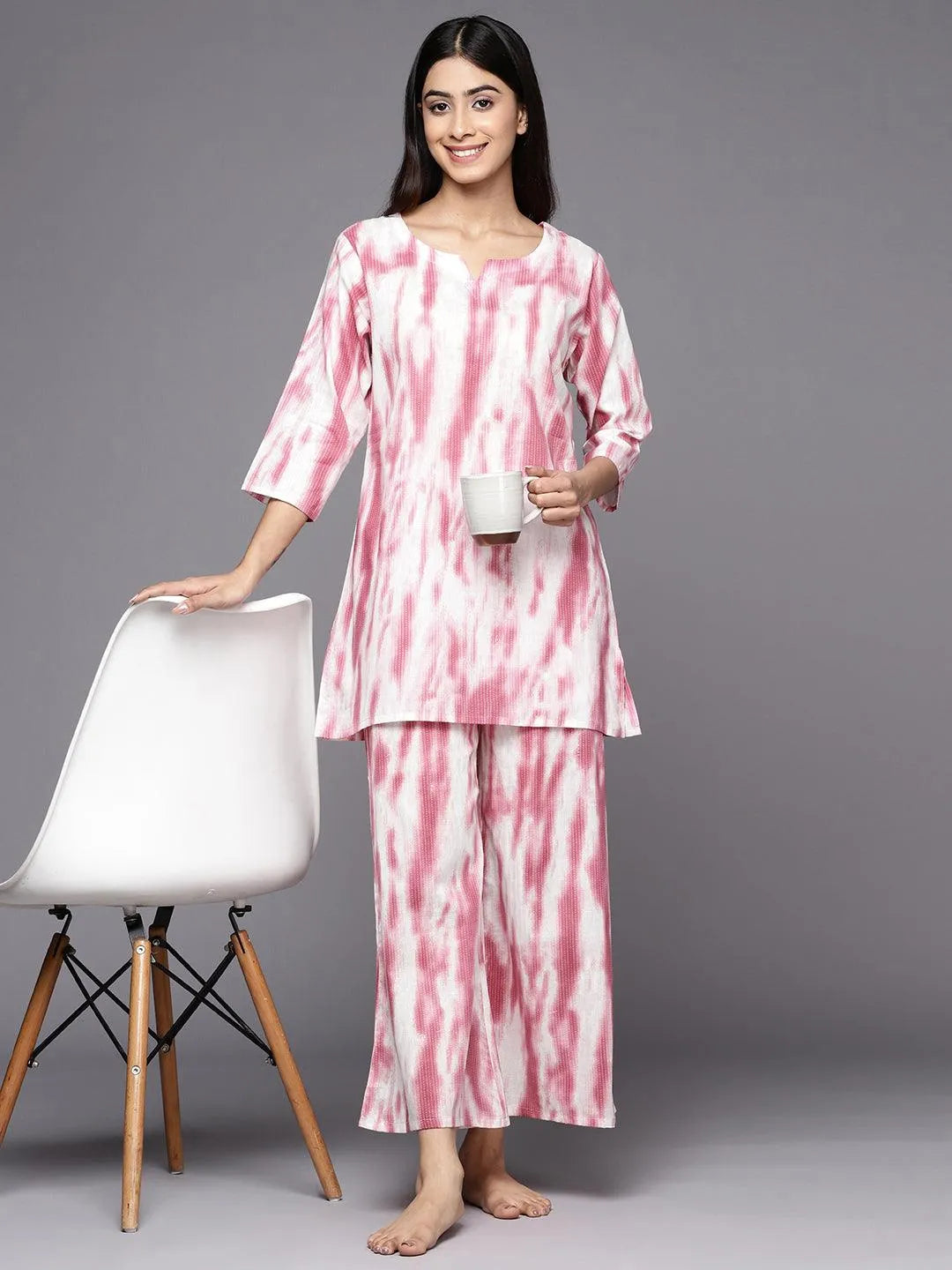 Pink Printed Cotton Night Suit - Libas 