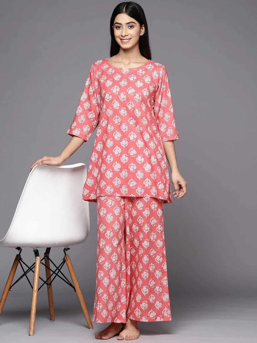 Pink Printed Cotton Night Suit - Libas 