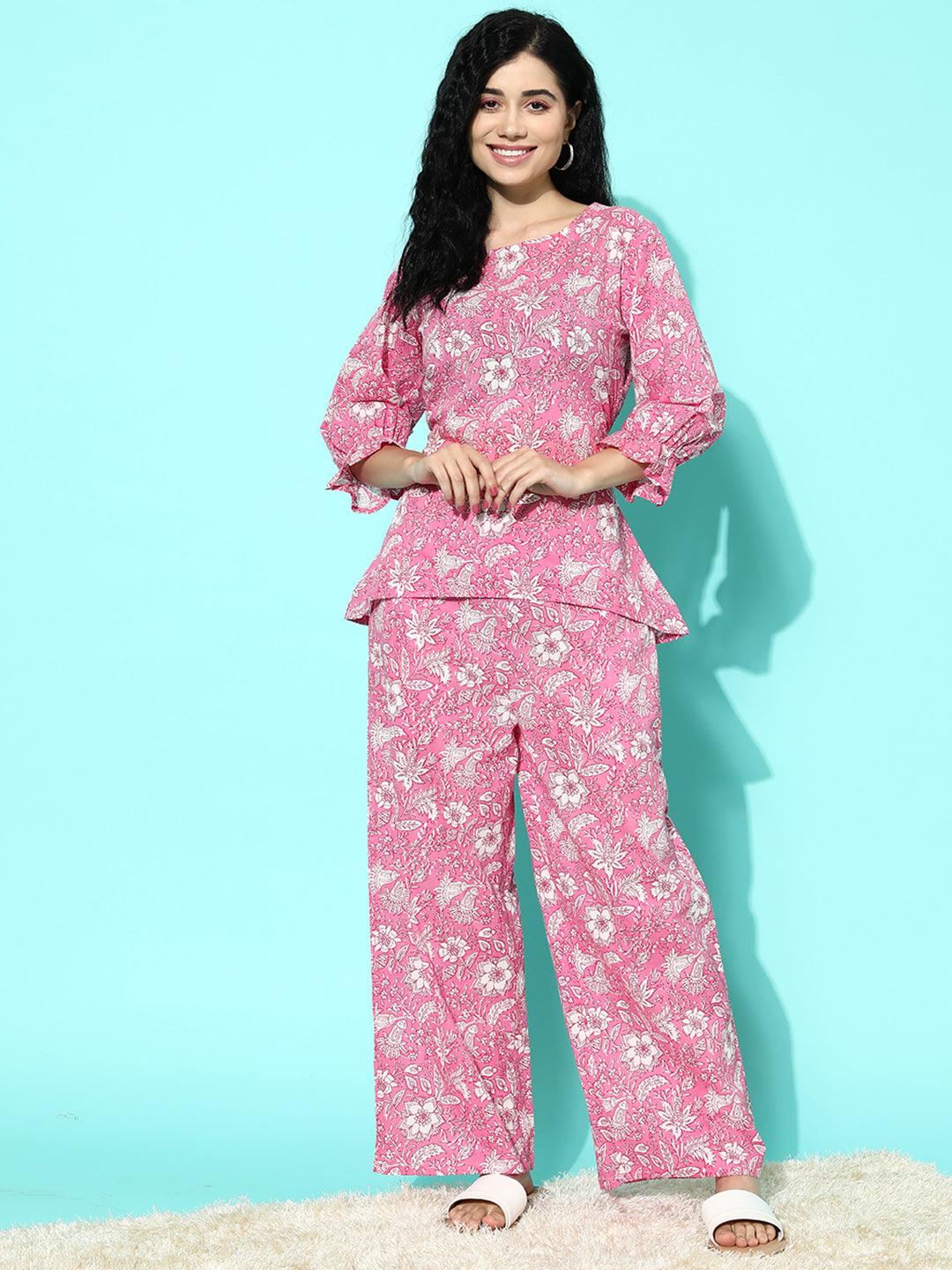 Pink Printed Cotton Night Suit - Libas