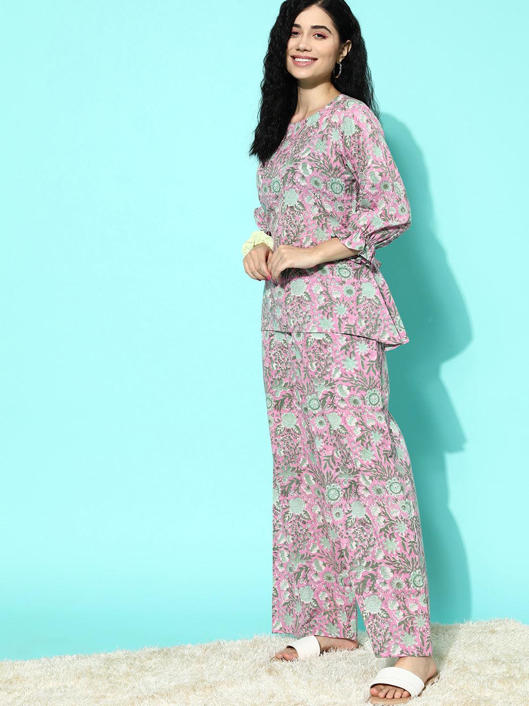 Pink Printed Cotton Night Suit - Libas