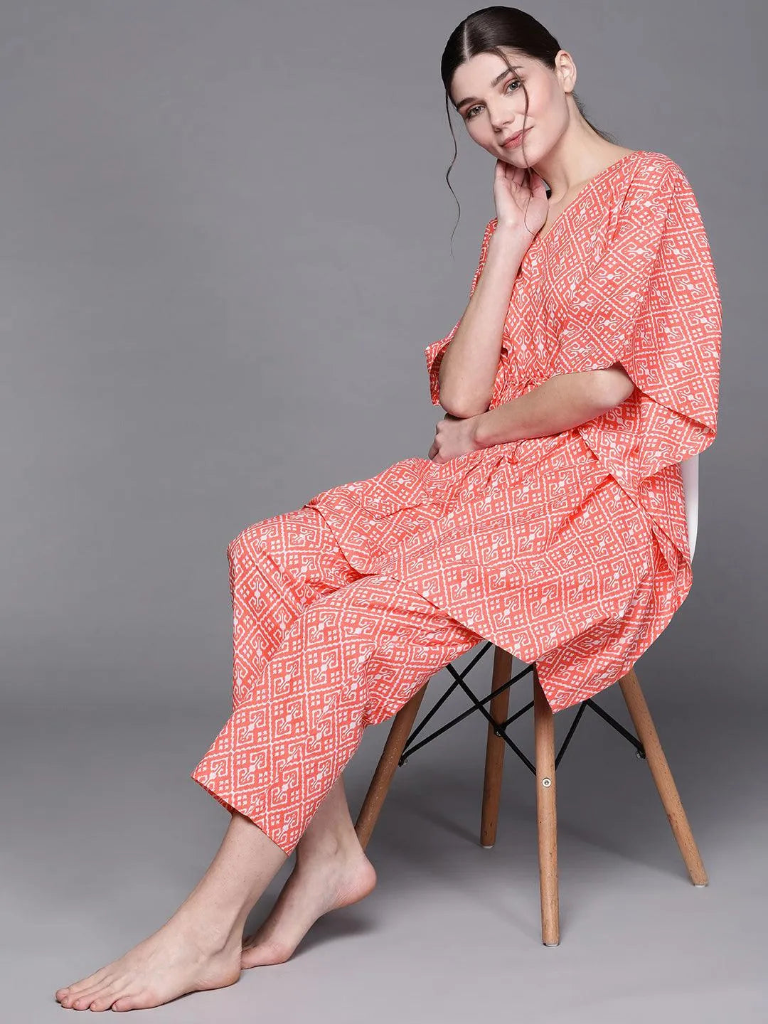 Pink Printed Cotton Night Suit - Libas 