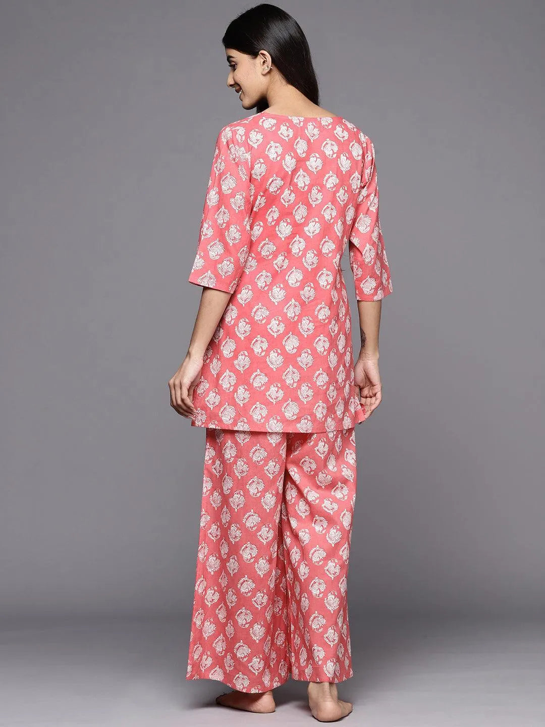 Pink Printed Cotton Night Suit - Libas