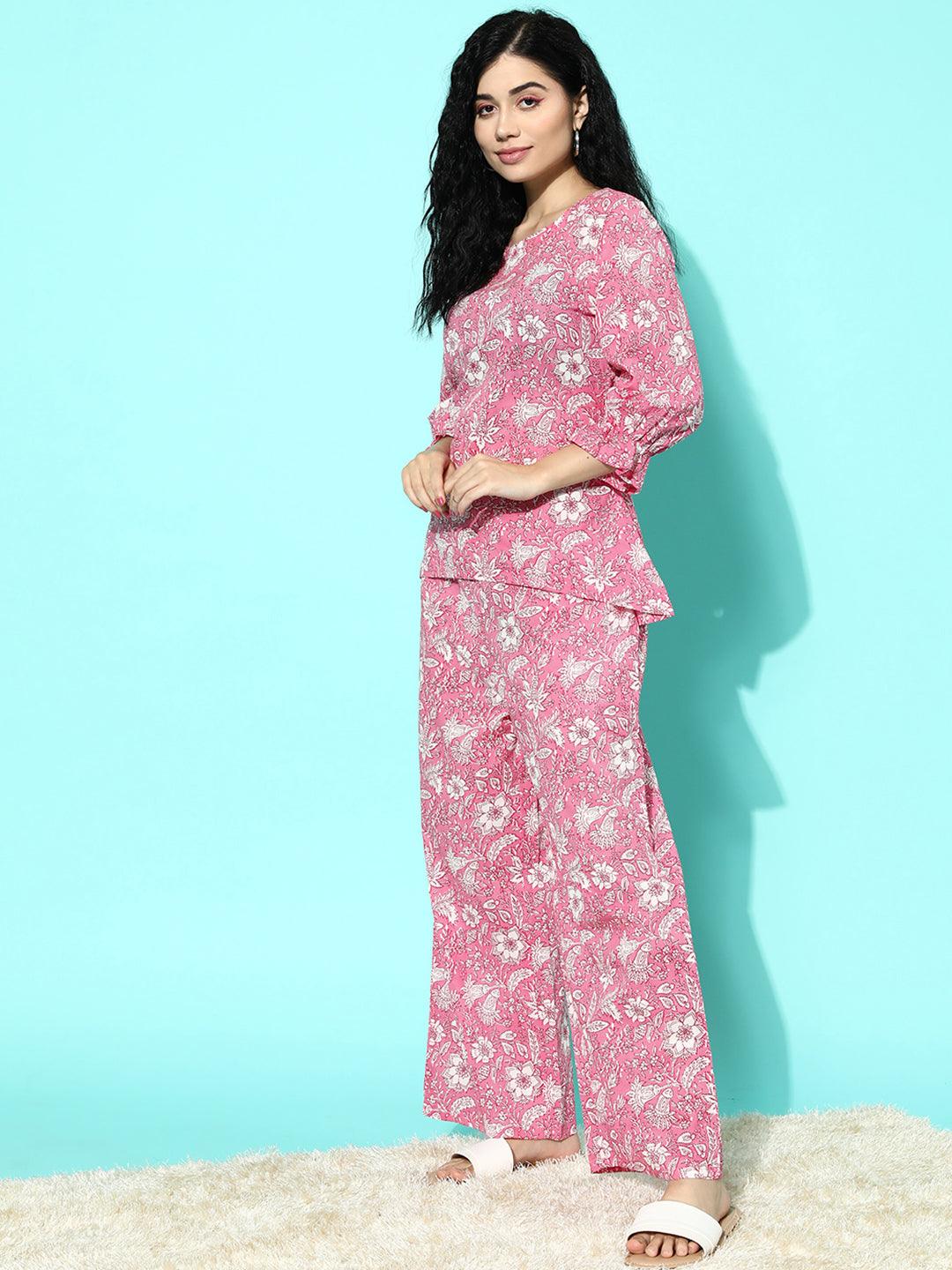 Pink Printed Cotton Night Suit - Libas 