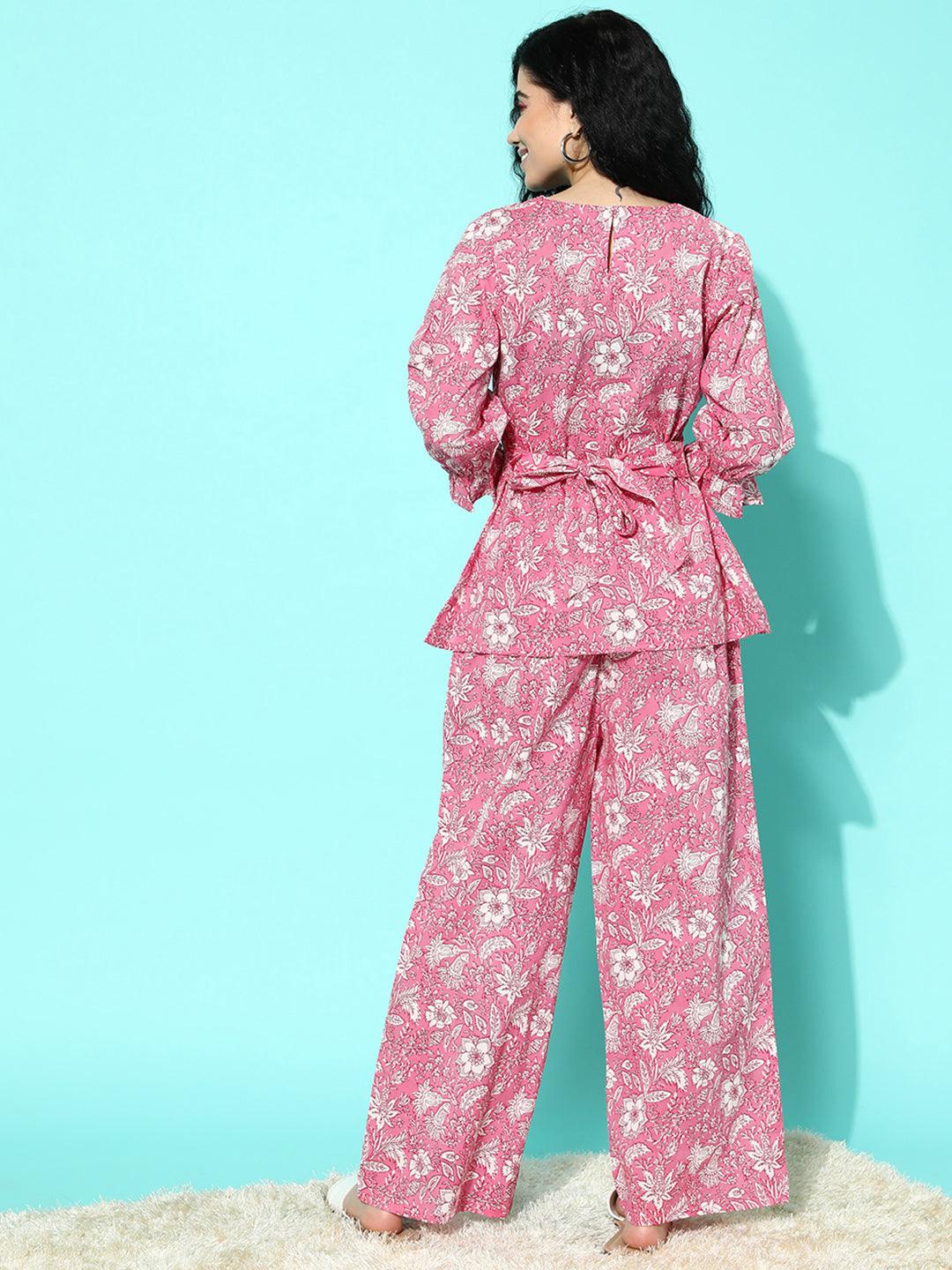 Pink Printed Cotton Night Suit - Libas