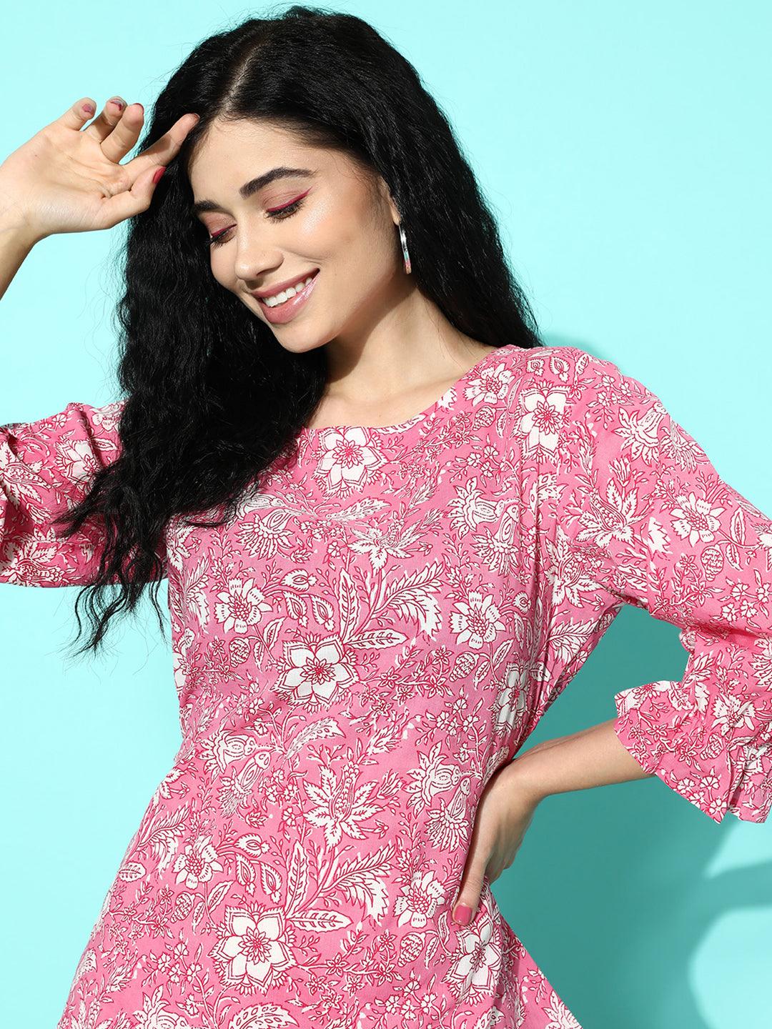 Pink Printed Cotton Night Suit - Libas 