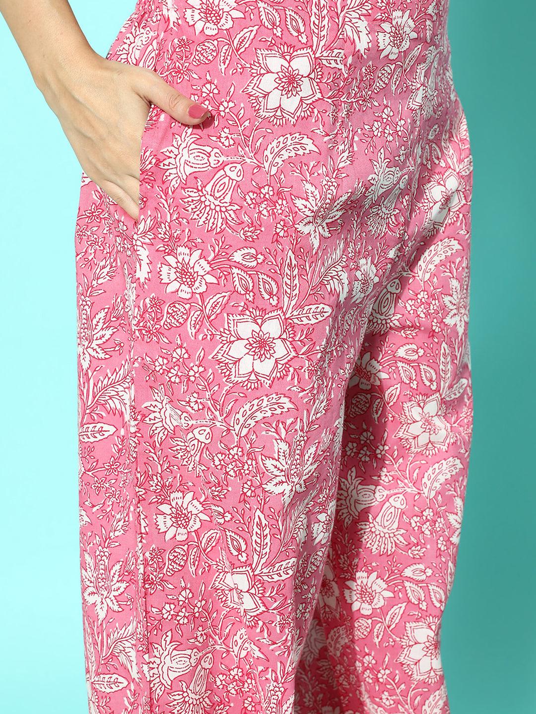 Pink Printed Cotton Night Suit - Libas 