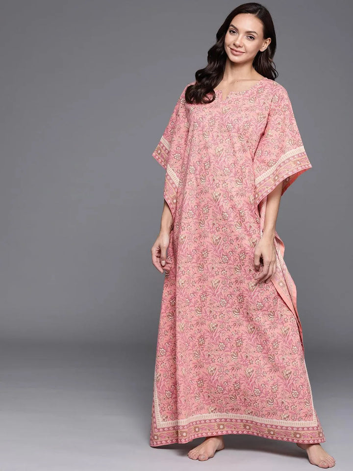 Pink Printed Cotton Nightdress - Libas