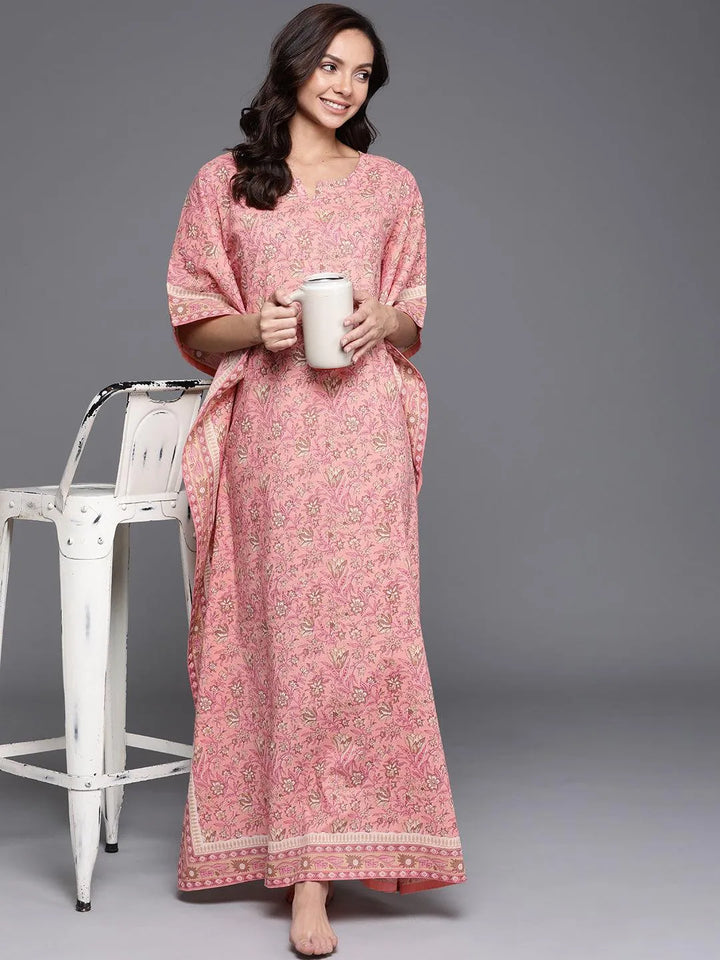 Pink Printed Cotton Nightdress - Libas