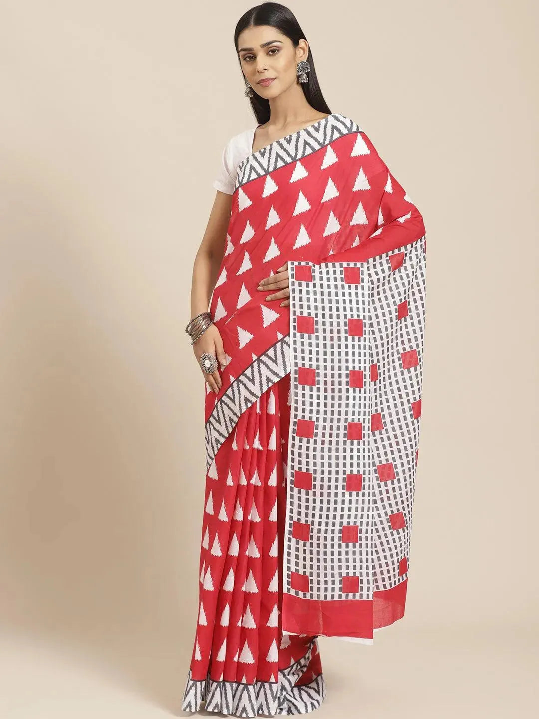 Pink Printed Cotton Saree - Libas 