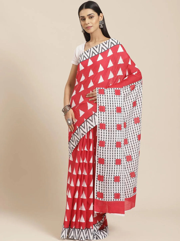 Pink Printed Cotton Saree - Libas