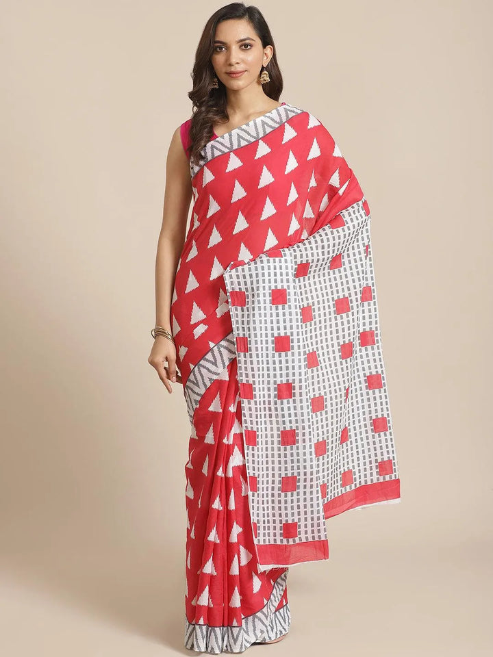 Pink Printed Cotton Saree - Libas