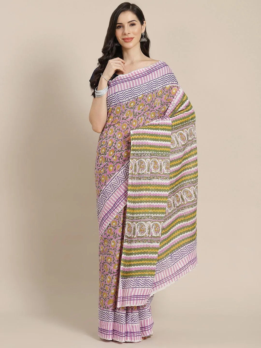 Pink Printed Cotton Saree - Libas 