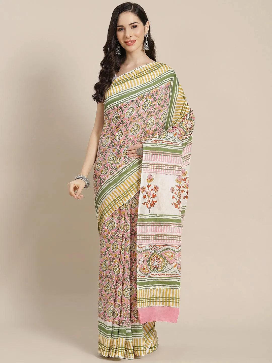 Pink Printed Cotton Saree - Libas 