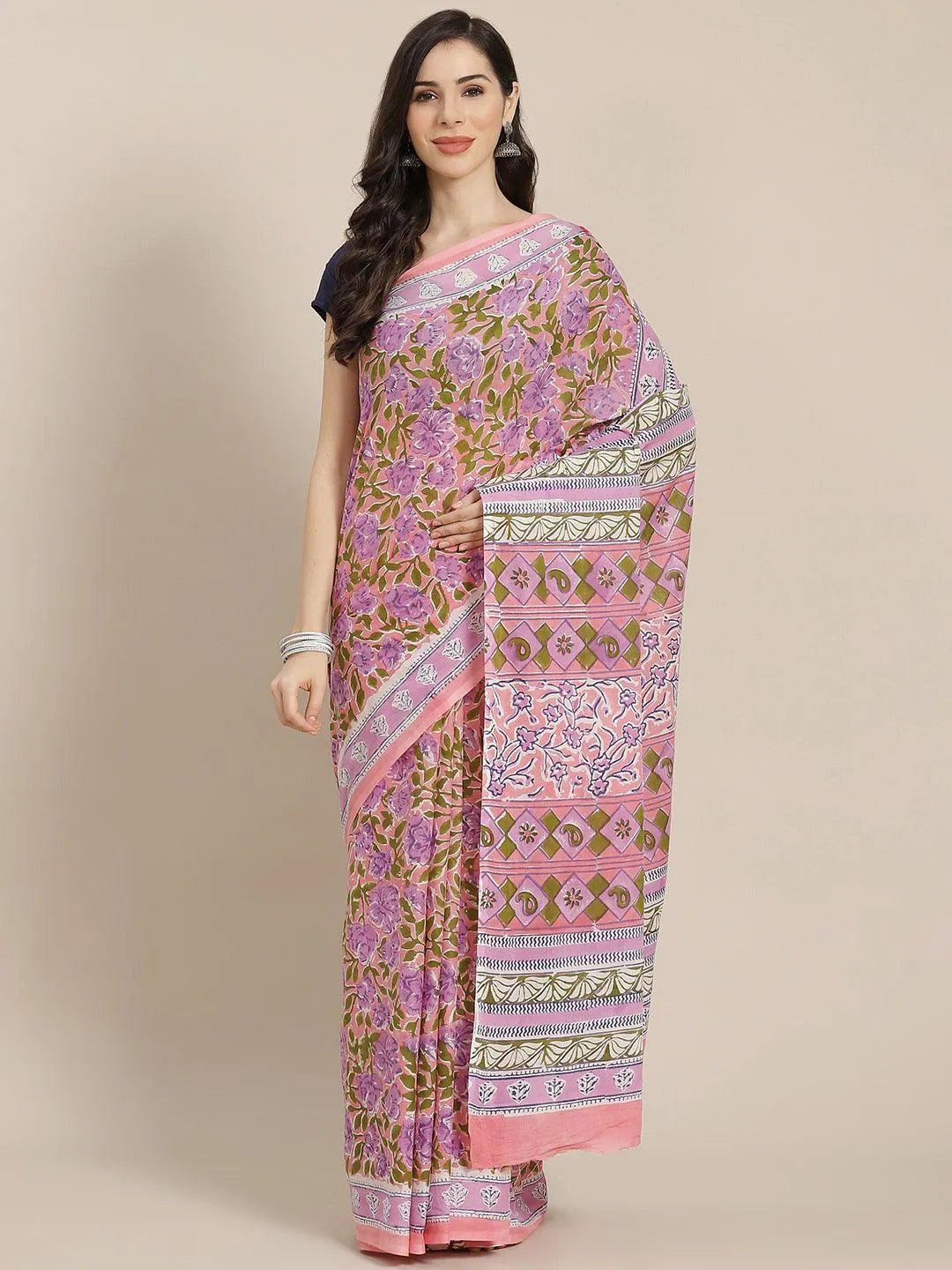 Pink Printed Cotton Saree - Libas 