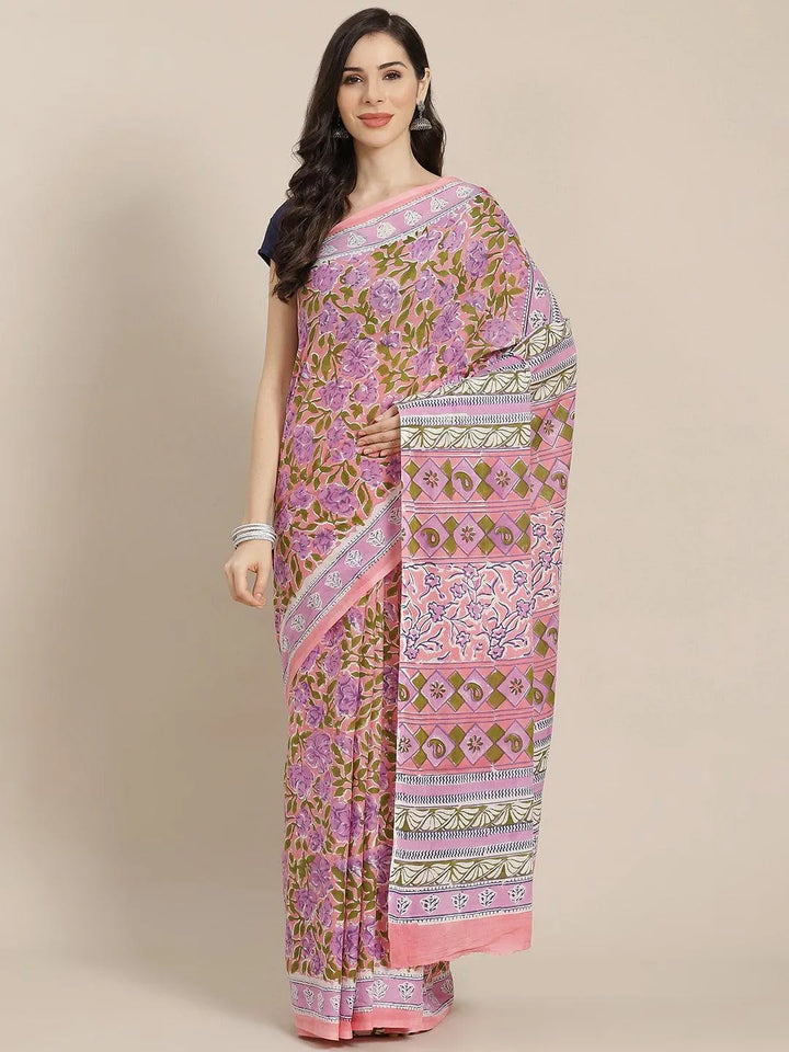 Pink Printed Cotton Saree - Libas