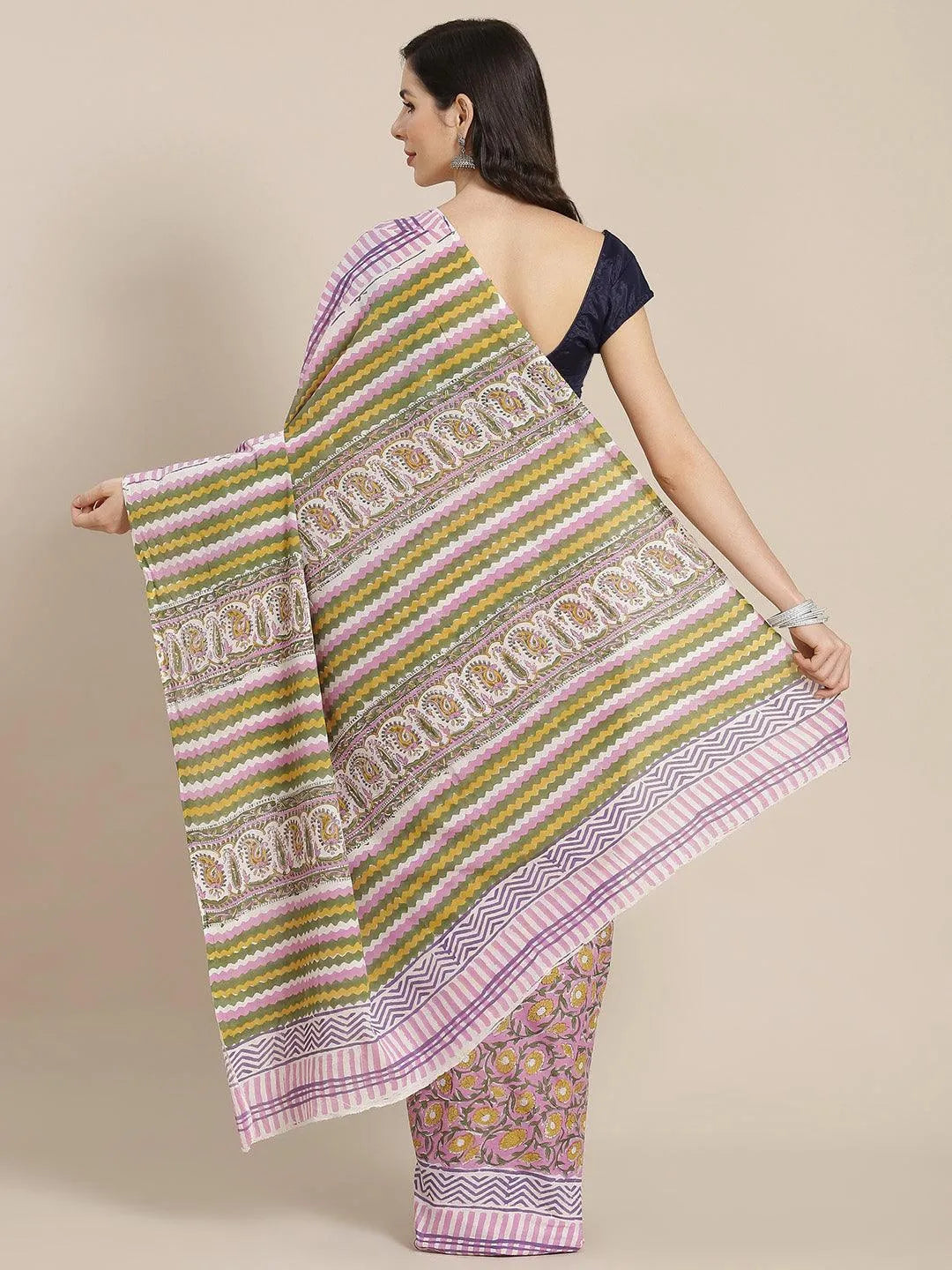 Pink Printed Cotton Saree - Libas 