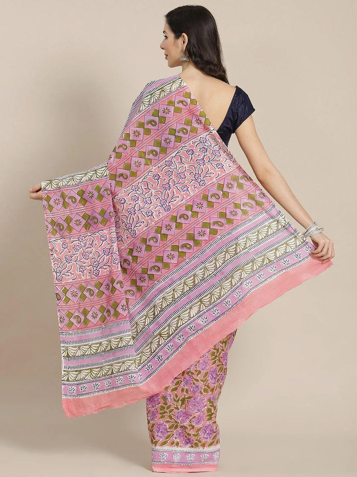 Pink Printed Cotton Saree - Libas