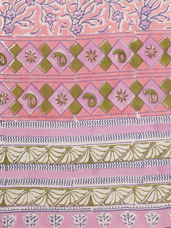 Pink Printed Cotton Saree - Libas