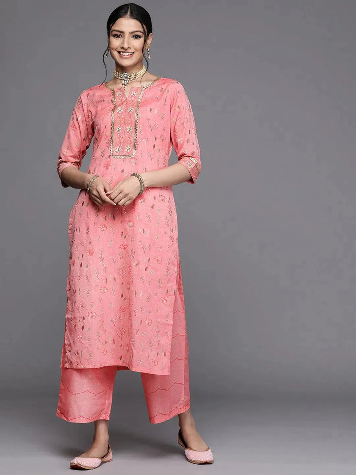 Pink Printed Cotton Silk Kurta - Libas