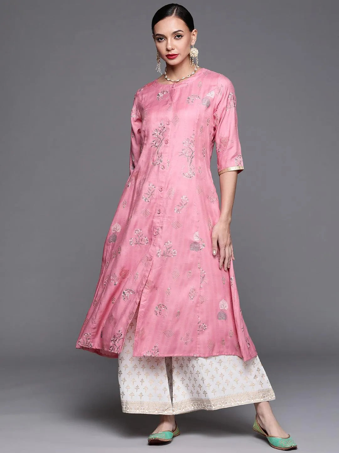 Pink Printed Cotton Silk Kurta - Libas 