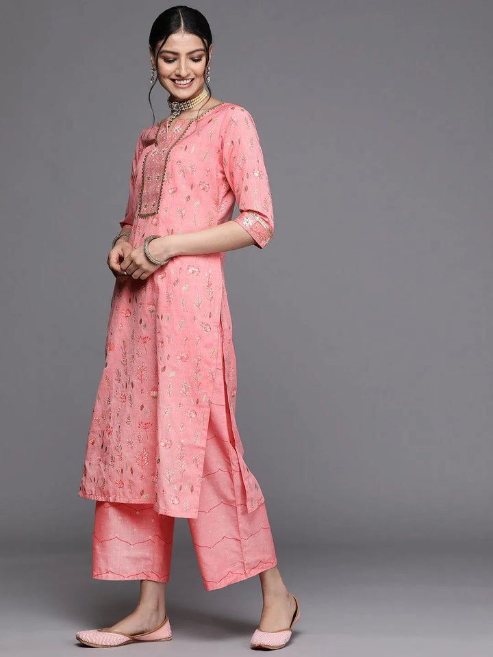 Pink Printed Cotton Silk Kurta - Libas