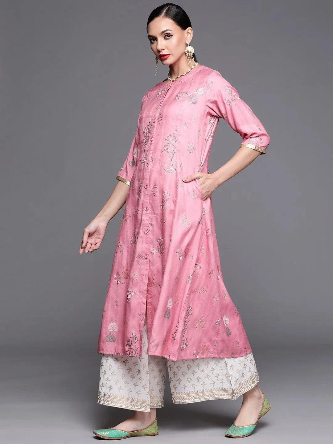 Pink Printed Cotton Silk Kurta - Libas 