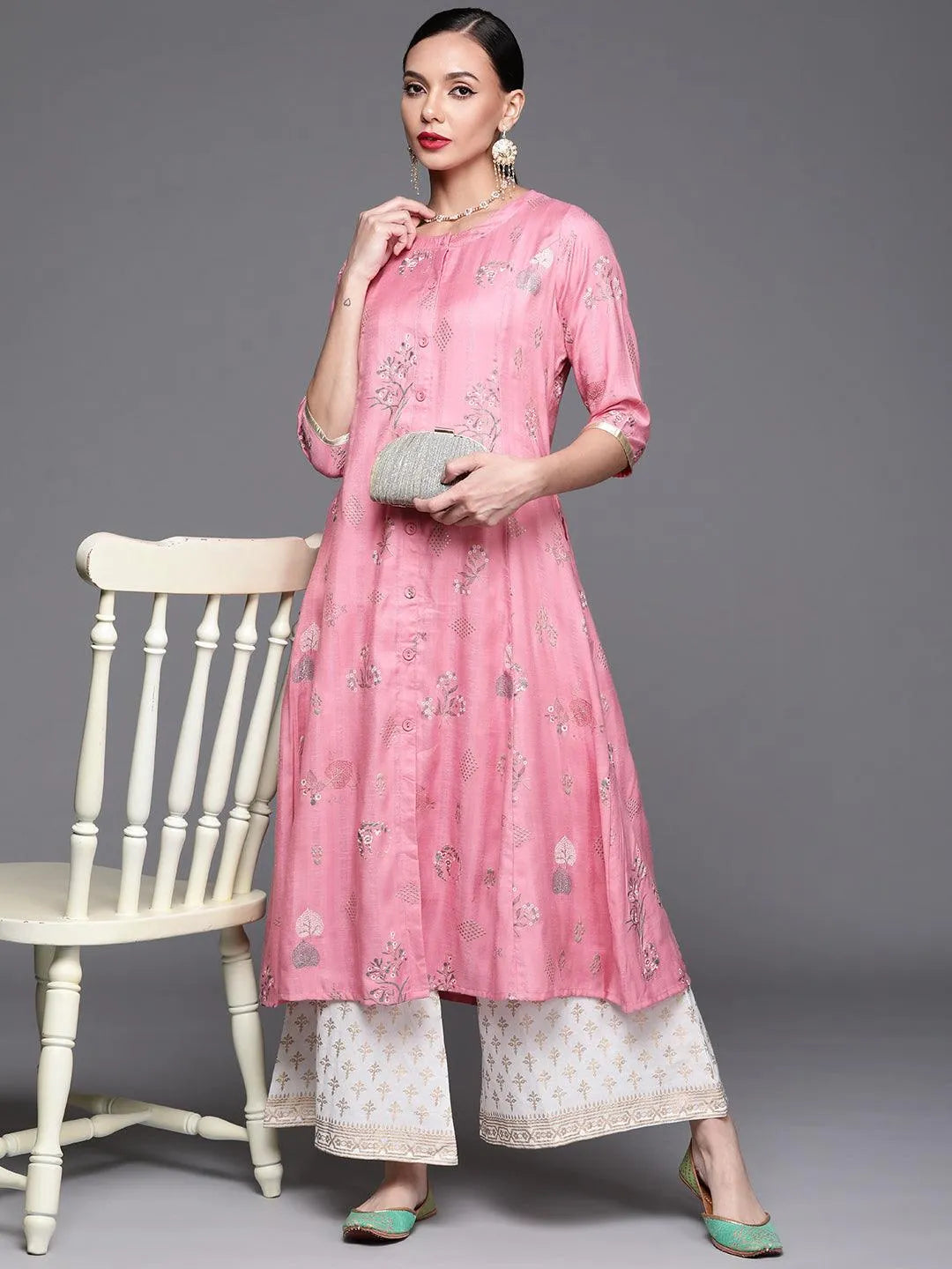 Pink Printed Cotton Silk Kurta - Libas 