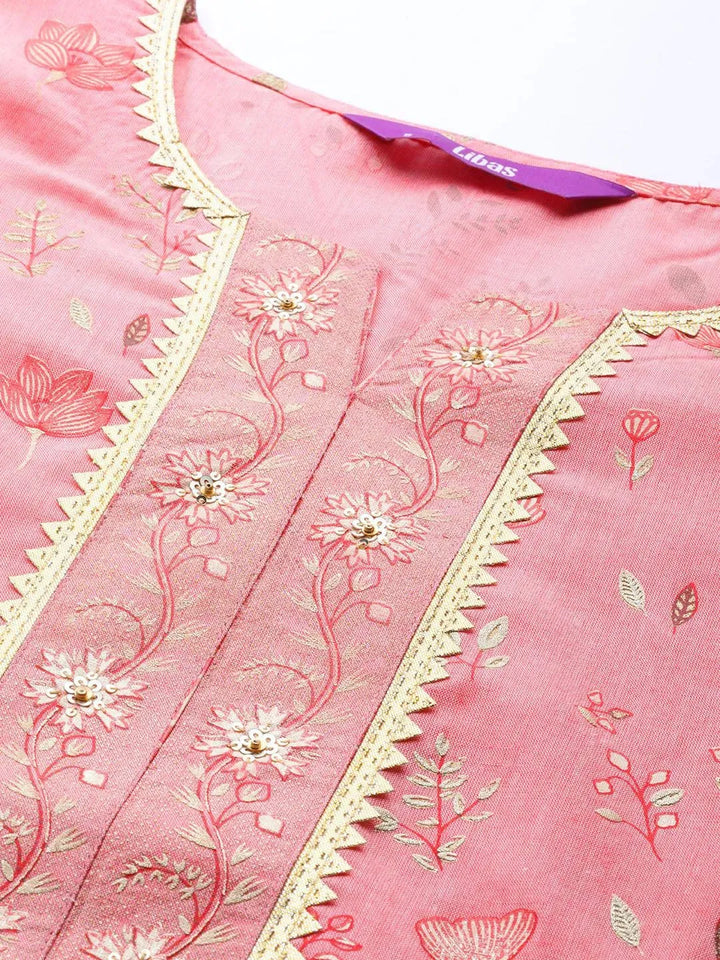 Pink Printed Cotton Silk Kurta - Libas