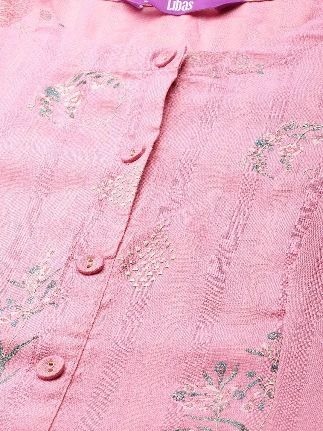 Pink Printed Cotton Silk Kurta - Libas