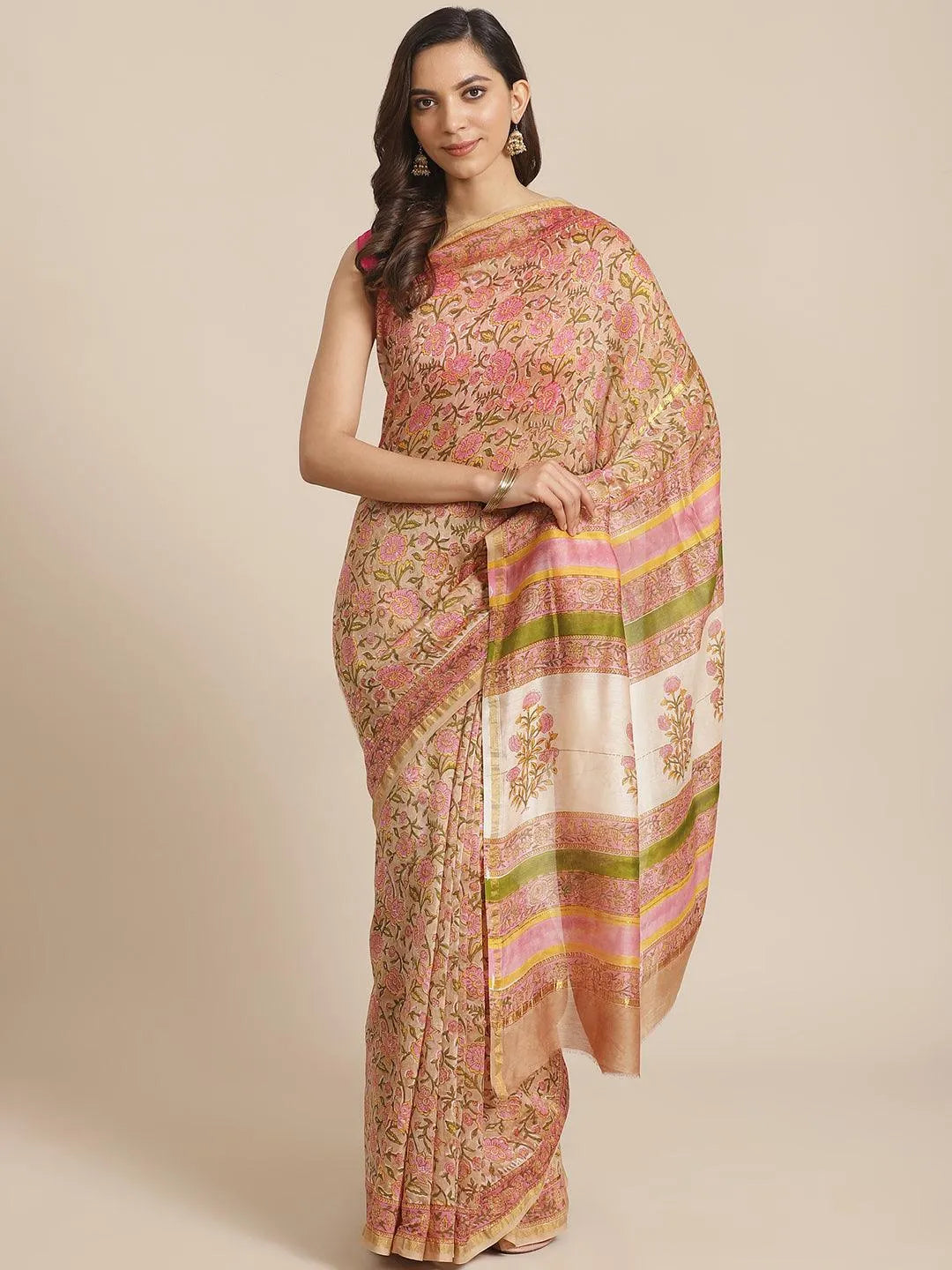 Pink Printed Cotton Silk Saree - Libas