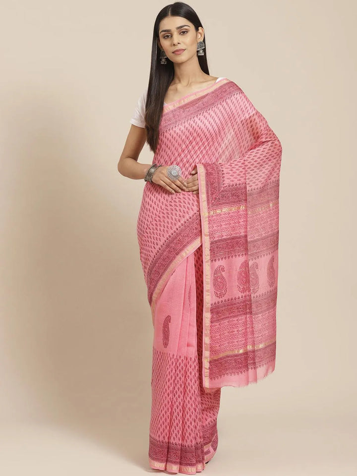 Pink Printed Cotton Silk Saree - Libas