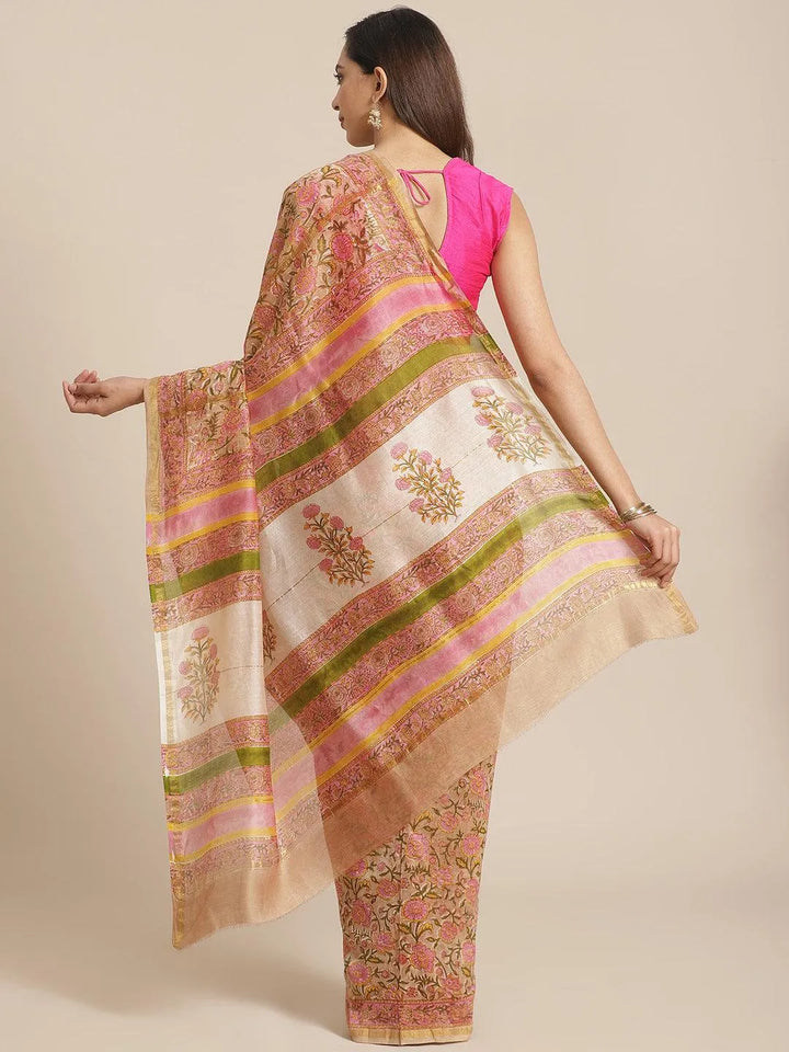 Pink Printed Cotton Silk Saree - Libas