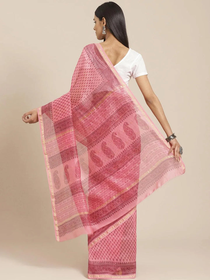 Pink Printed Cotton Silk Saree - Libas