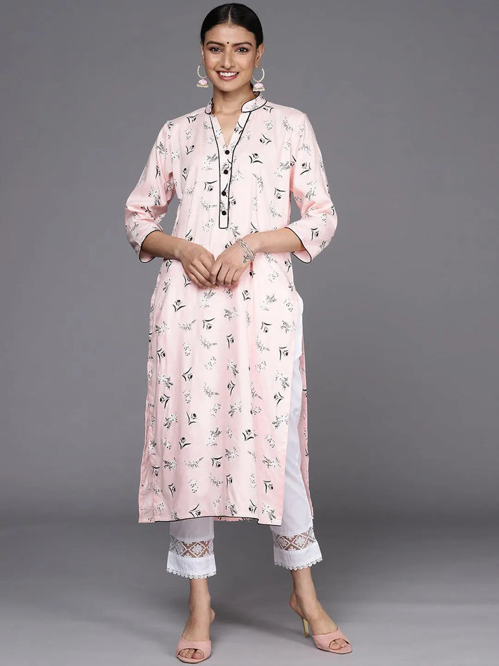 Pink Printed Cotton Straight Kurta - Libas